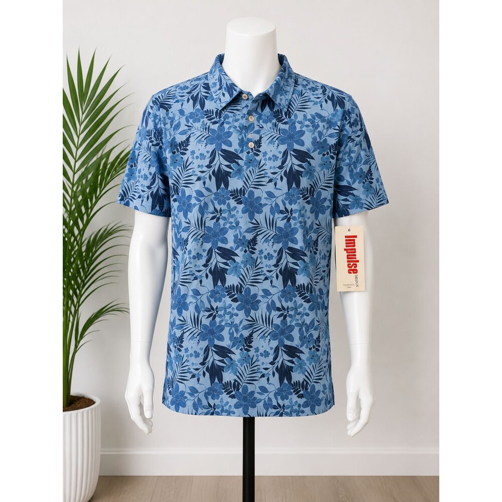 NWT Impulse Design Men's Blue Tropical Floral Polo Shirt Medium 100% Cotton